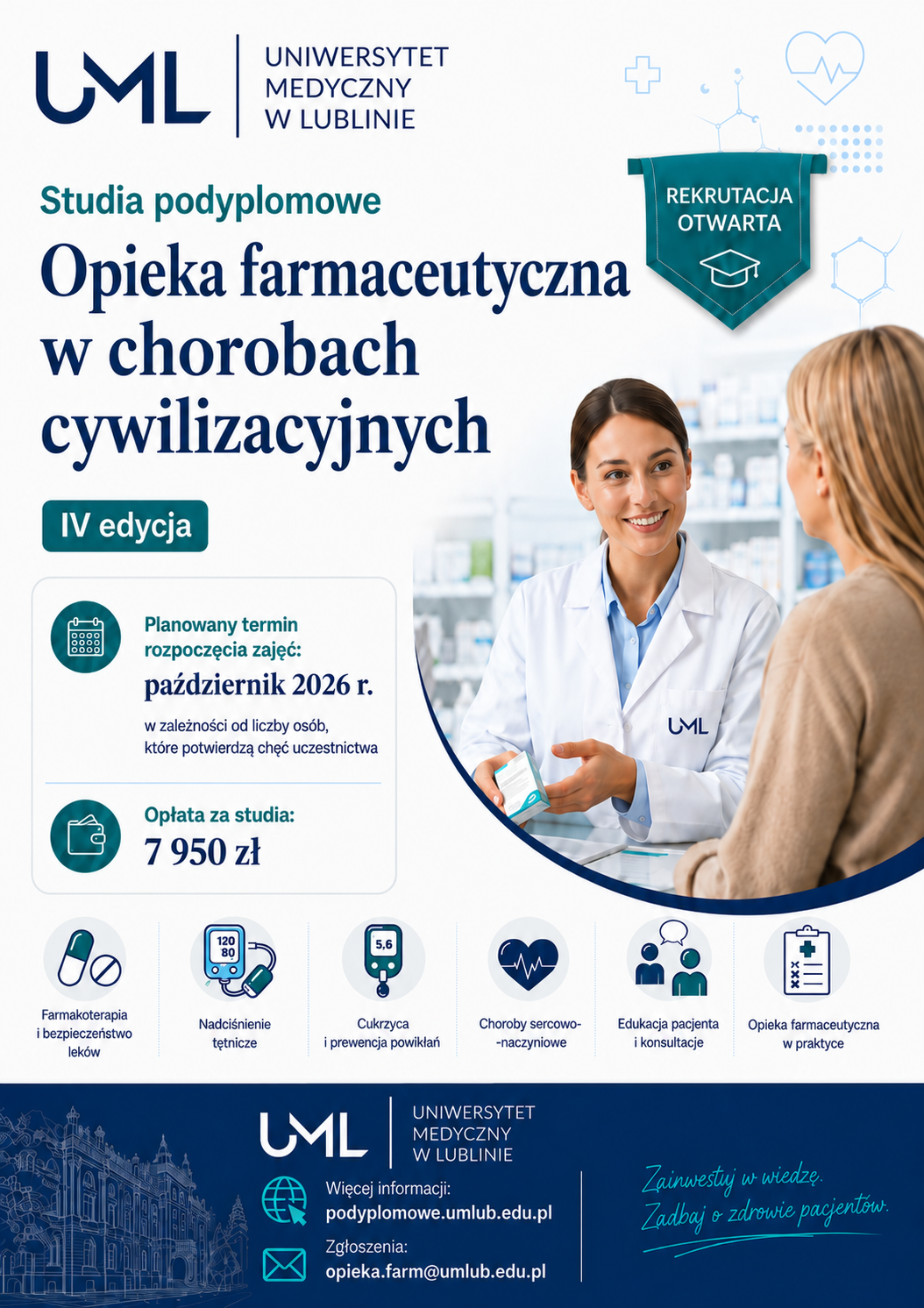 plakat promujący IV edycję studiów podyplomowych „Opieka farmaceutyczna w chorobach cywilizacyjnych”