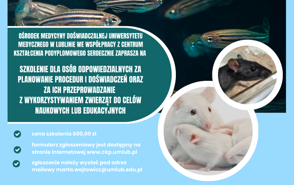 grafika zapraszająca na szkolenie dla osób odpowiedzialnych za planowanie procedur i doświadczeń na zwierzętach oraz za ich przeprowadzanie 