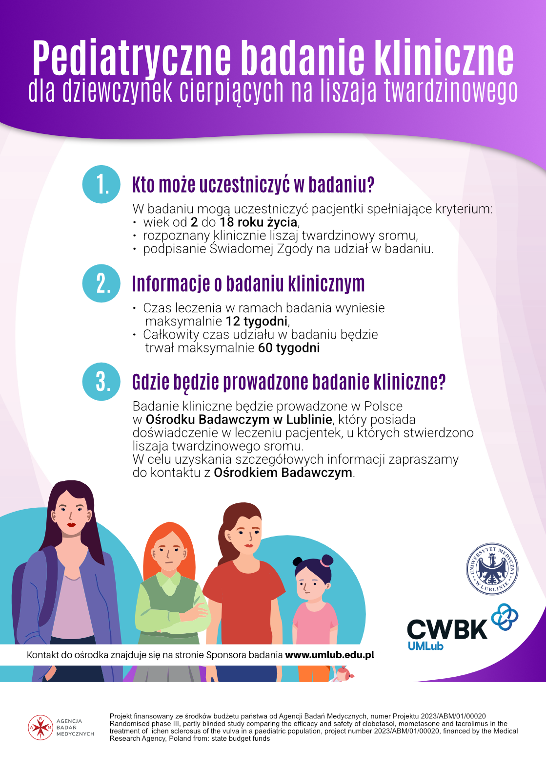 plakat zapraszający do udziału w badaniu klinicznym skierowanym do dziewczynek (od 2 do 18 lat) cierpiących na liszaja twardzinowego 